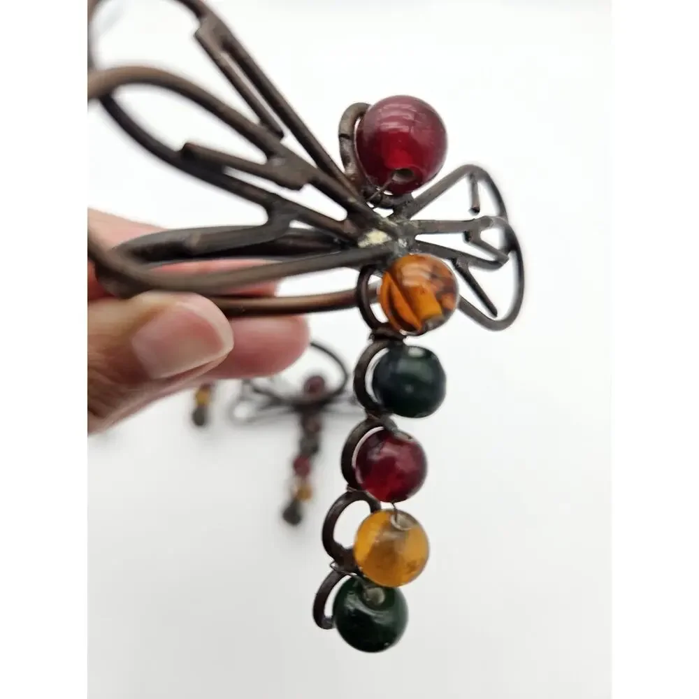 4pc Vintage Dragonfly Beaded Napkin Rings Metal & Beaded Red Amber Green